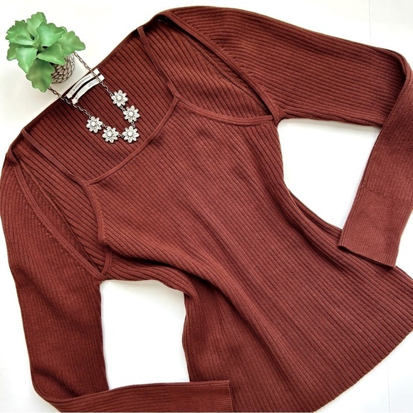 by Anthropologie Brown Ribbed Double Cut Out Knit Sweater Cinnamon Size M - Picture 2 of 15